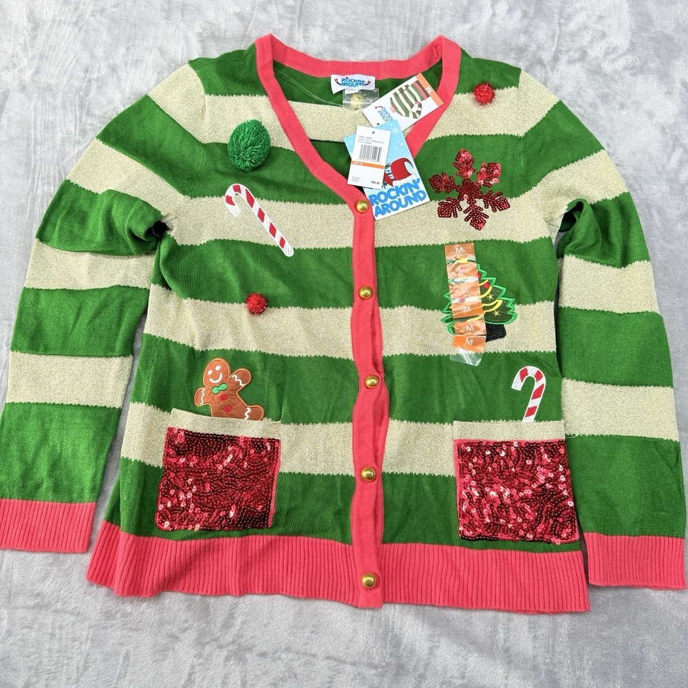ROCKIN AROUND Cardigan Christmas Sweater Womens Medium Holiday Jolly Green Gold